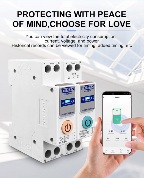 TOMZN TOB9e-63M Ewelink 110V 220V, WIFI Smart Energy Meter Kwh Metering, Monitoring Circuit Breaker, Timer Relay Smart Home 63A, VA Control Device, Relay, VA Protector option, 2P